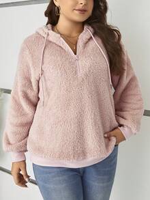 SHEIN LUNE Áo nỉ kiểu Teddy cỡ lớn, khóa kéo nửa thân, vai rớt, dây rút. - Bụi hồng - Xem 6