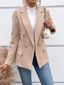 SHEIN LUNE Lapel Neck Double Breasted Overcoat - Khaki - View 4