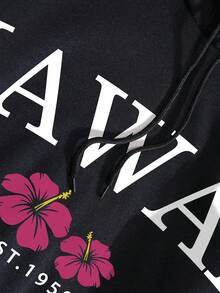 SHEIN EZwear Letter & Floral Graphic Drop Shoulder Hoodie - Black - View 8