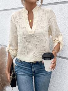 SHEIN LUNE Jacquard Floral Pattern High Low Hem Blouse - Apricot - View 2