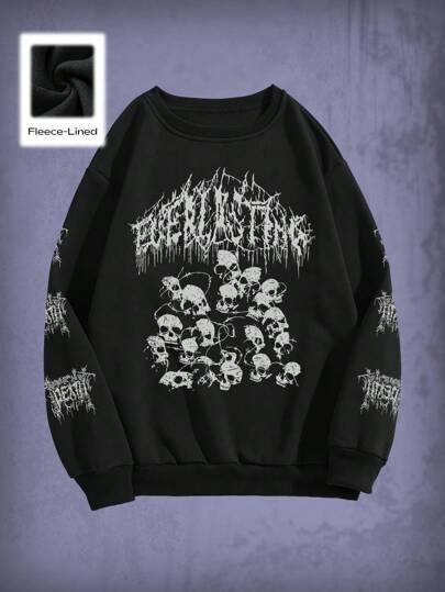 Goth Skull & Letter Graphic Thermal Lined Sweatshirt