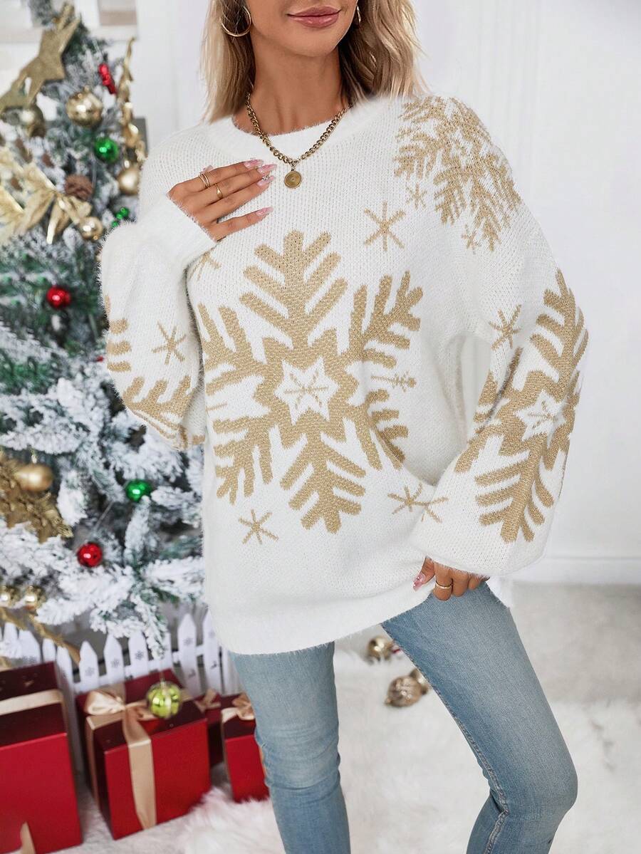 雪花圖案落肩袖套頭毛衣 - 白色 - 查看 1