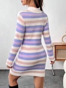 SHEIN Qutie 條紋圖案大圓領毛衣洋裝帶系帶 - 粉色 - 查看 2
