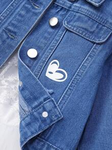 Young Girl Butterfly & Letter Graphic Denim Jacket - Medium Wash - View 4