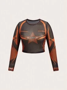 SHEIN ICON 大碼條紋和星星印花網紗上衣 - 橘色 - 查看 1