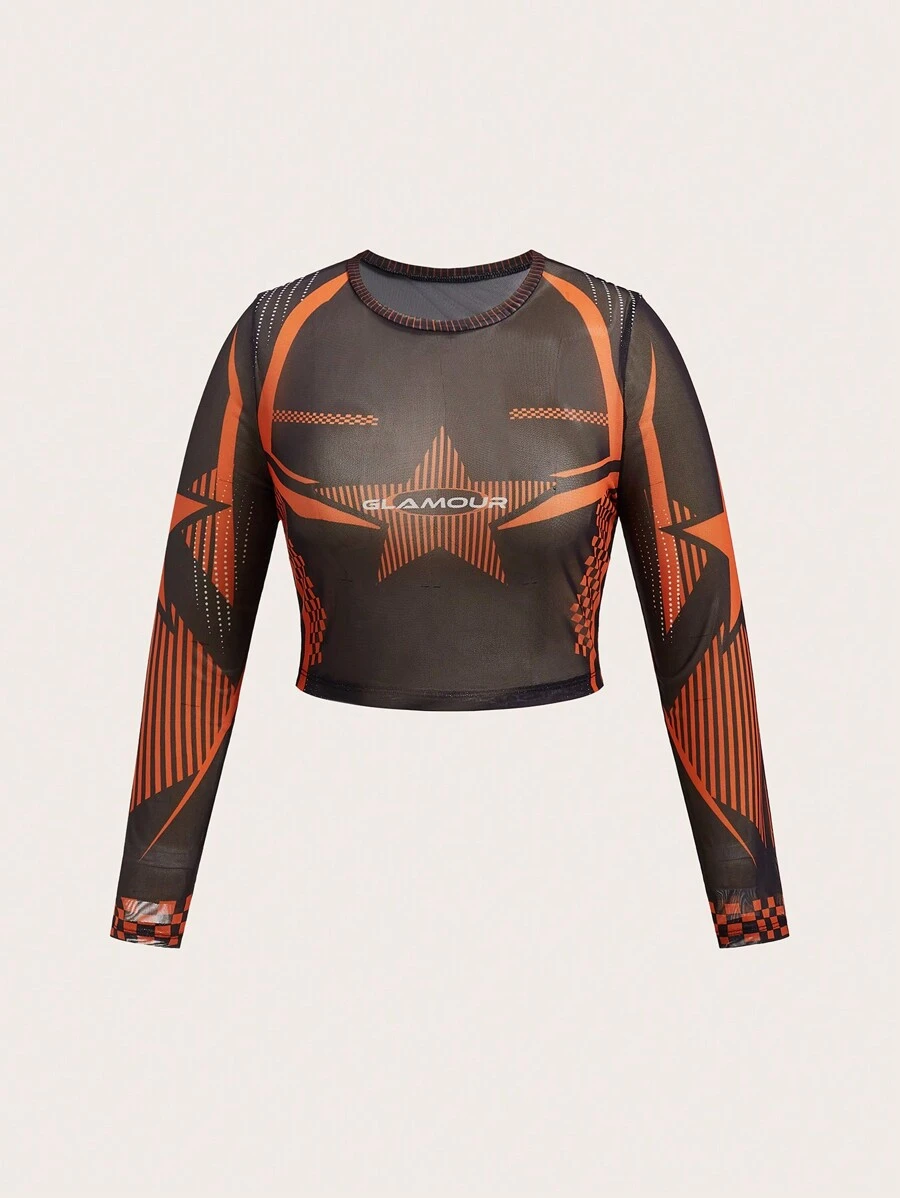 SHEIN ICON 大碼條紋和星星印花網紗上衣 - 橘色 - 查看 1