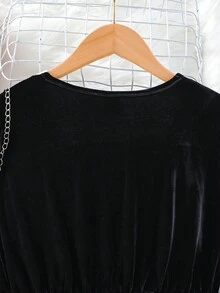 SHEIN Cô gái Tween Hai âm tay áo lá sen Lưới Hem Đầm - màu đen - Xem 7