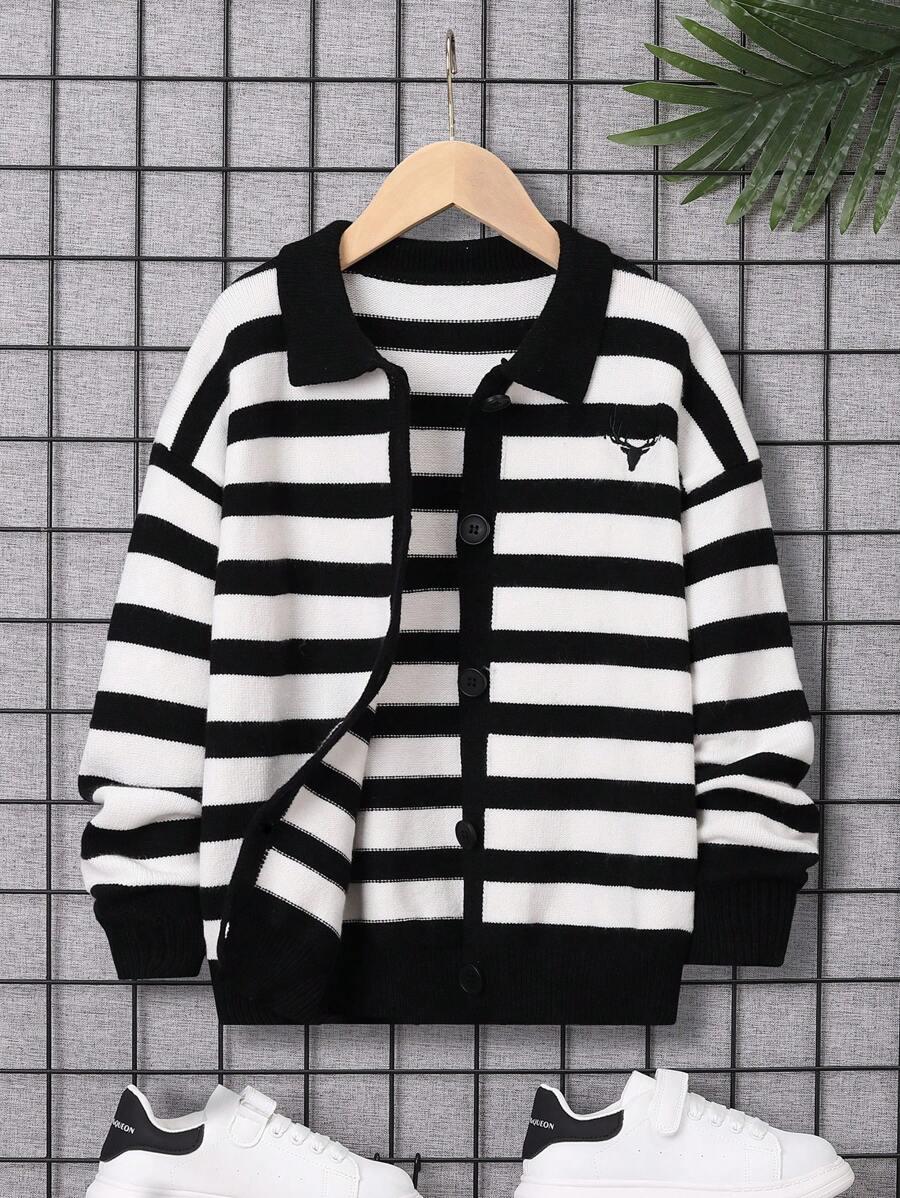 SHEIN 男大童條紋圖案落肩袖前紐扣開襟衫 - 黑與白 - 查看 1