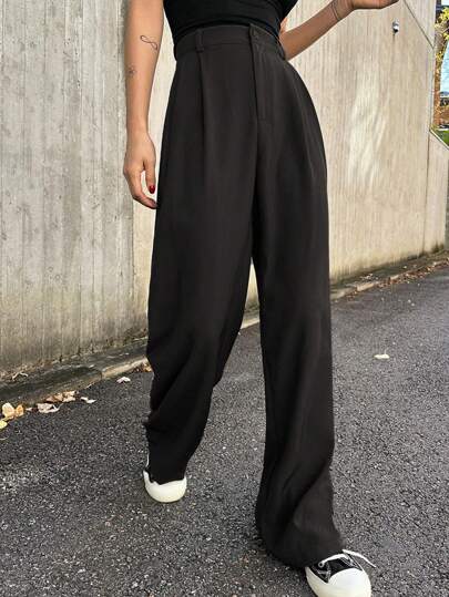 DAZY High Waist Plicated Detail Wide Leg Pants,Ladies Spring/Fall Casual Button,Plicated,Zipper Natural Straight Leg Long Black Regular Fit Women Pants,Casual Daily Wear,Women Dress Pants