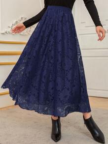 Modelyn Solid Lace Overlay Skirt - Royal Blue - View 4
