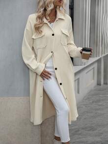 SHEIN Frenchy Drop Shoulder Flap Pocket Button Front Coat - Apricot - View 5