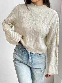 Chiquease Cable Knit Button Detail Drop Shoulder Knit Pullover Fall Winter Sweater - White - View 3