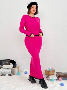 SHEIN Qutie Kích thước lớn Khối màu Áo len Và Bộ váy Với Ngực đơn Khép kín - Màu Hồng Tươi - Xem 5