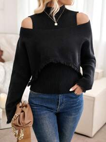 GENKIRA Off Shoulder Xén Thô Áo len & Knit ngọn - màu đen - Xem 3