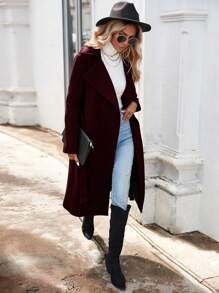 SHEIN LUNE Lapel Neck Belted Overcoat - Burgundy - View 4