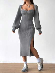 SHEIN EZwear Solid Split Thigh Cami Sweater Dress & Cardigan - Grey - View 3