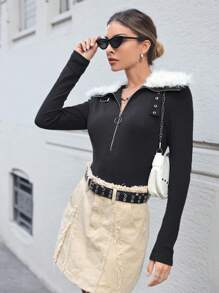 SHEIN Essnce Borg Collar Half Zip Bodysuit - Black - View 1