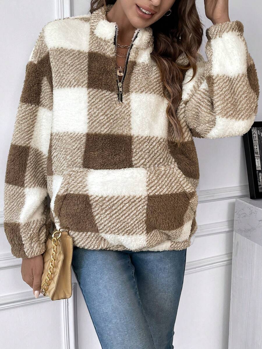 SHEIN Thai sản In kẻ sọc Buffalo Túi kangaroo Thả vai 	
Fuzzy Áo nỉ - Nhiều màu - Xem 1