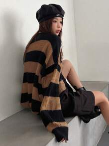 DAZY Striped Pattern Drop Shoulder Oversized Sweater,Long Sleeve Tops,Fall Clothes - Multicolor - View 3