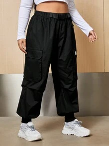 SHEIN EZwear Của phụ nữ Kích thước lớn Quần Cargo Với Patch Chi tiết Và Thắt lưng - màu đen - Xem 3
