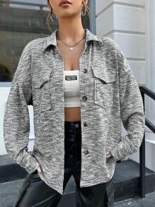 SHEIN EZwear 段染落肩袖翻蓋口袋外套 - 黑色 - 查看 7