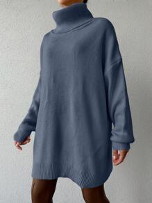 EURMUSE 高領落肩毛衣(不含腰帶) - 淺藍色 - 查看 5