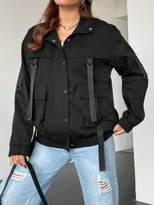 Muchica 翻蓋口袋落肩袖拉鍊夾克 - 黑色 - 查看 6