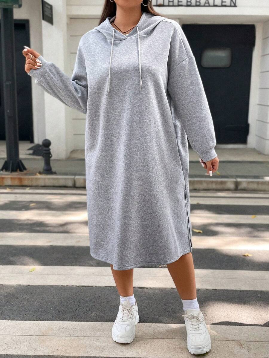 Flirla Plus Drop Shoulder Hooded Sweatshirt Dress - Grey - View 1