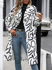 SHEIN Clasi Allover Print Waterfall Collar Flap Detail Double Button Overcoat - Multicolor - View 4