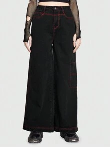 ROMWE Grunge Punk 刺繡細節寬腳無彈黑色牛仔褲,不含腰帶