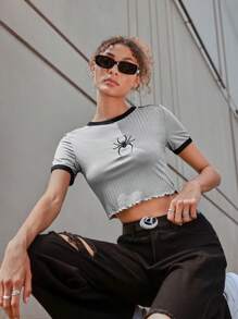 SHEIN ICON Spider Embroidery Contrast Trim Crop Tee - Light Grey - View 4