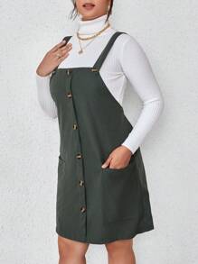 SHEIN Franclia Plus Patched Pocket Overall Dress Without Sweater - Green - View 4