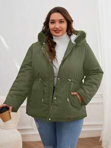 SHEIN Essnce 大尺碼女性加厚毛絨內裡帽子可調腰束口長大衣 - 軍綠色 - 查看 5