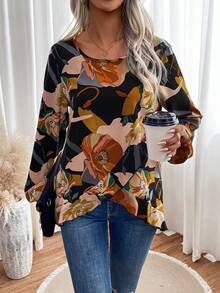 SHEIN LUNE Floral Print Asymmetrical Hem Blouse - Multicolor - View 4