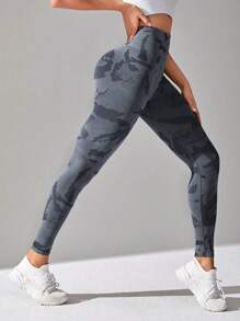 Easithlete Graphic Print Wide Waistband Sports Leggings - Black - View 6