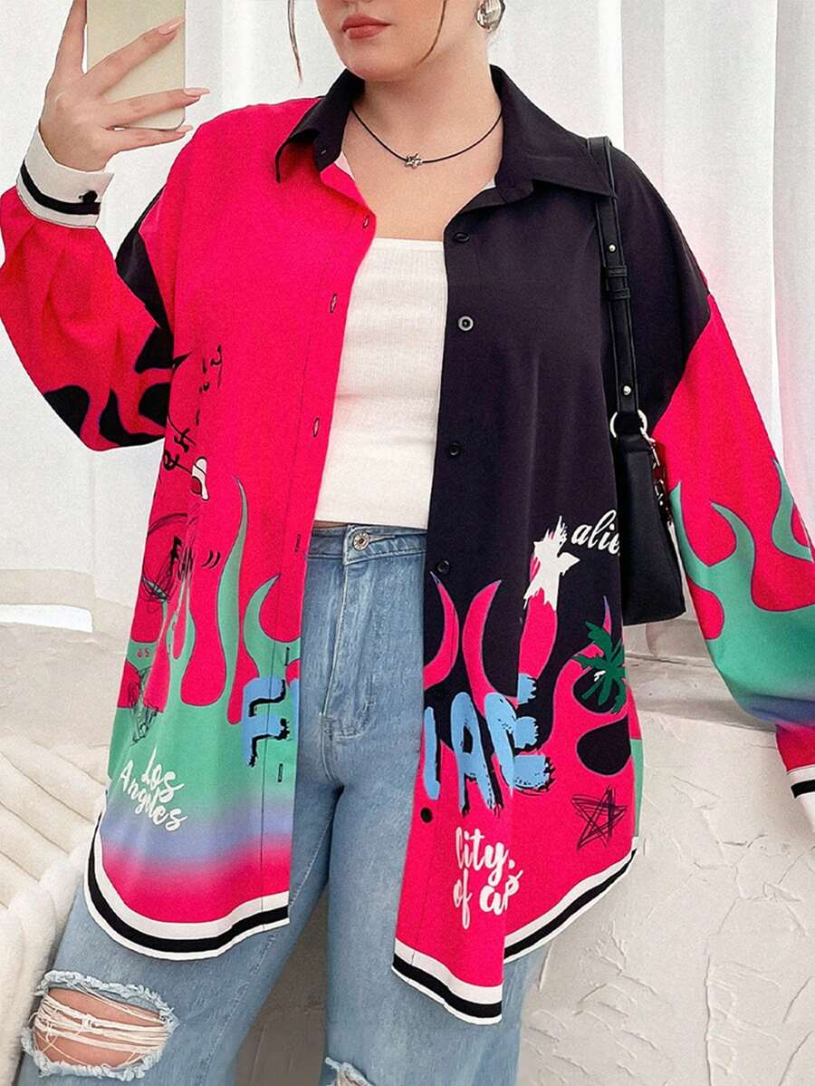 SHEIN Coolane Hơn Đồ họa chữ & lửa Sọc trang trí Thả vai Áo sơ mi - Nhiều màu - Xem 1