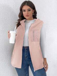 SHEIN LUNE Plus Zip Up Hooded Teddy Vest Coat - Pink - View 5
