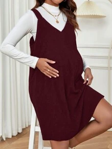 SHEIN 孕婦素色背帶洋裝不帶T恤 - 酒紅色 - 查看 4