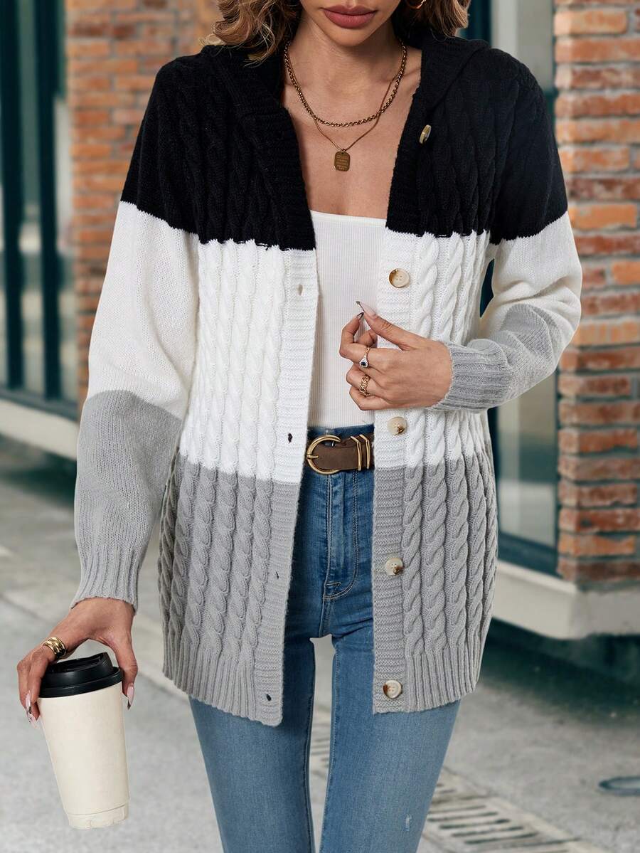 SHEIN LUNE Color Block Cable Knit Button Front Hooded Cardigan - Multicolor - View 1