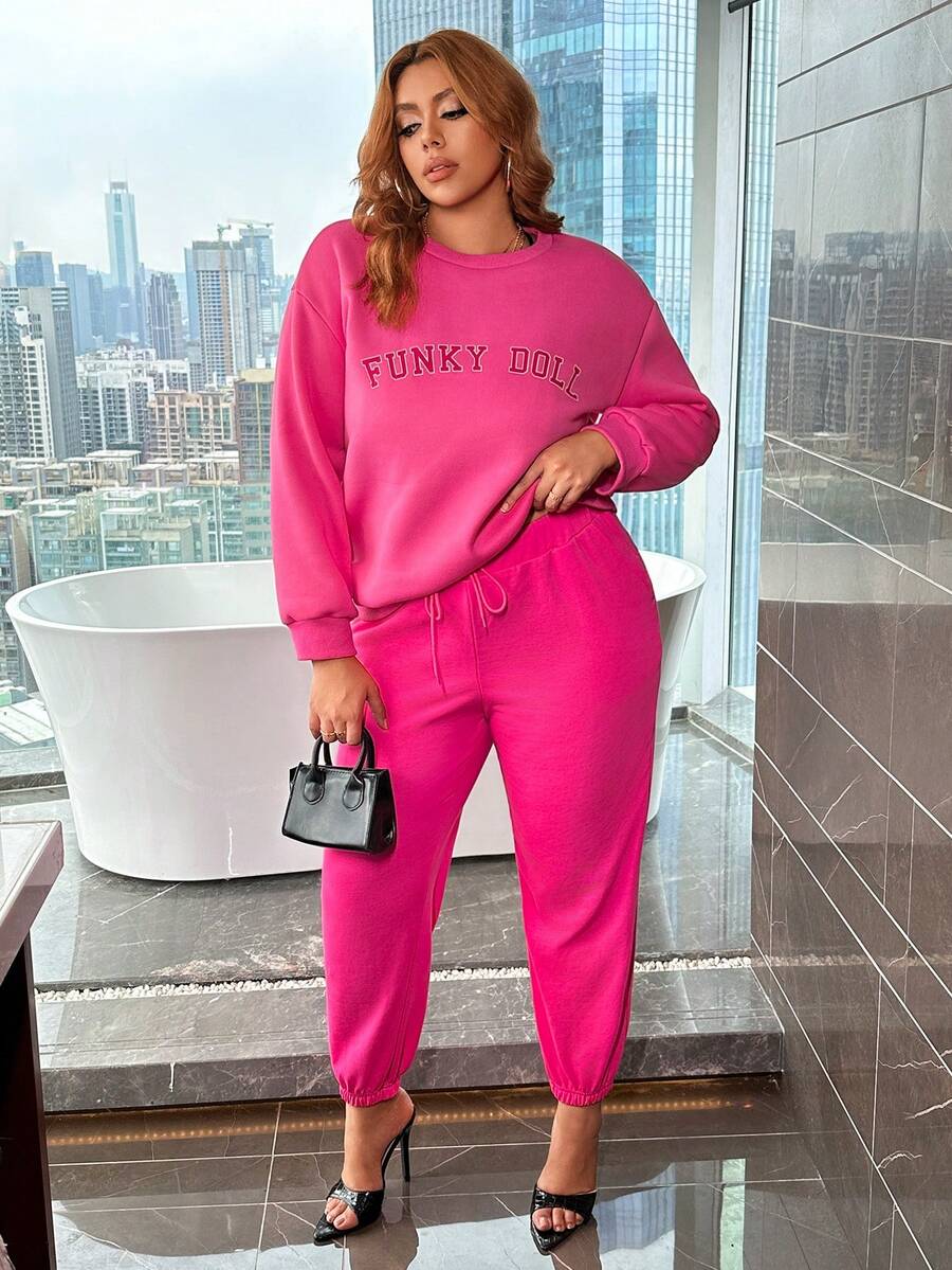SHEIN X GiudiceGirls Plus Drawstring Waist Sweatpants - Hot Pink - View 1