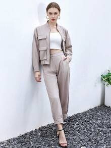 SHEIN BIZwear 翻蓋口袋落肩袖夾克和褲子 - 駝色 - 查看 6