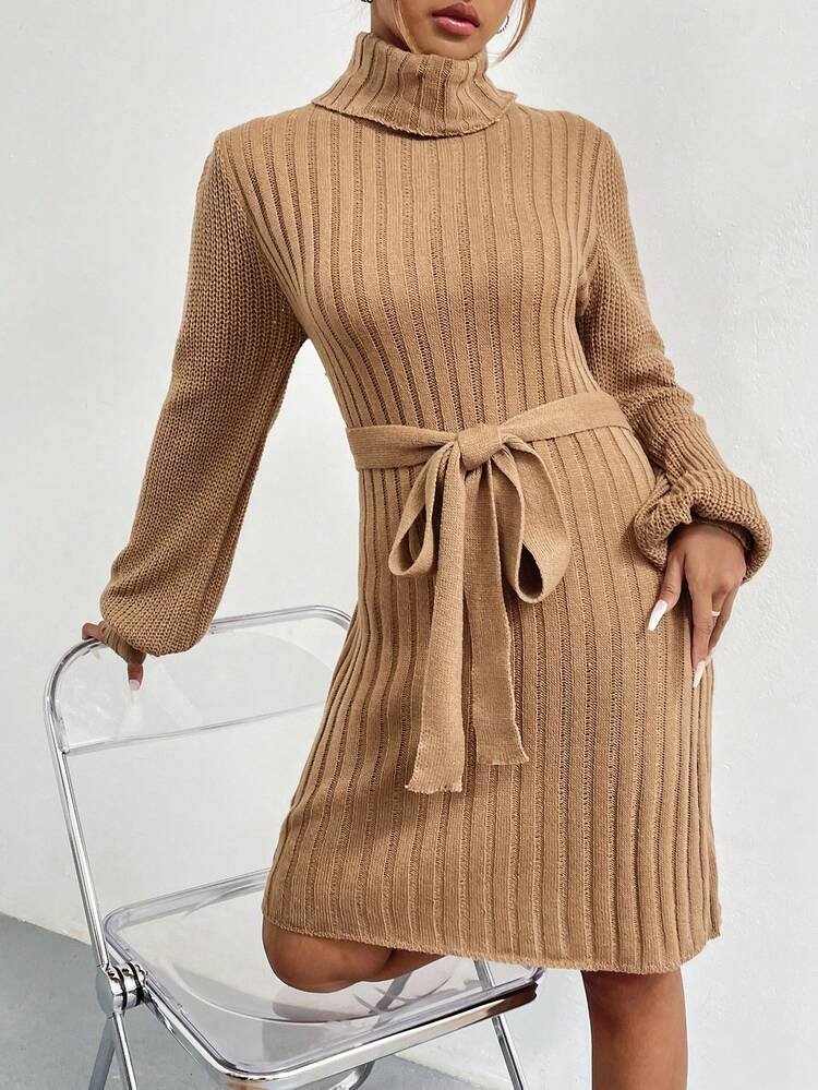 Turtleneck Lantern Sleeve Belted Sweater Dress