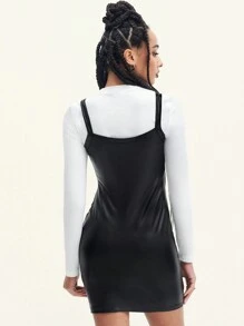 SHEIN EZwear Solid PU Leather Bodycon Dress Without Tee - Black - View 2