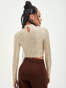 SHEIN BAE Mock Neck Sequin Crop Top - Champagne - View 2
