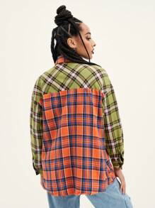 SHEIN EZwear Tartan Pocket Detail Button Up Blouse - Multicolor - View 2