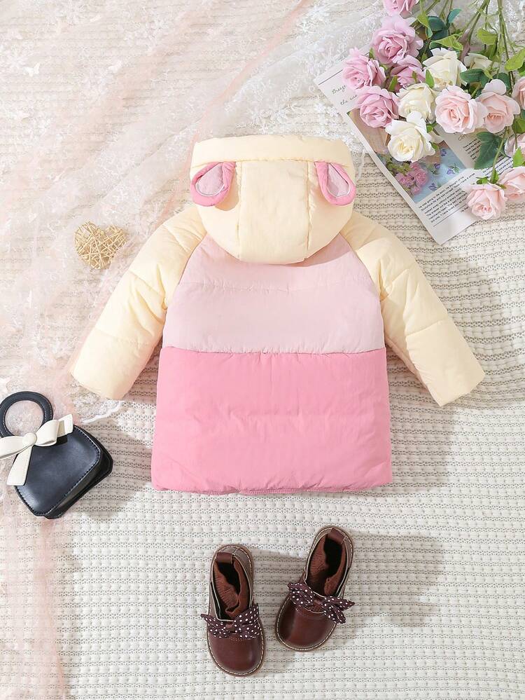 Baby Girl Colorblock Raglan Sleeve 3D Ear Design Hooded Padded Coat