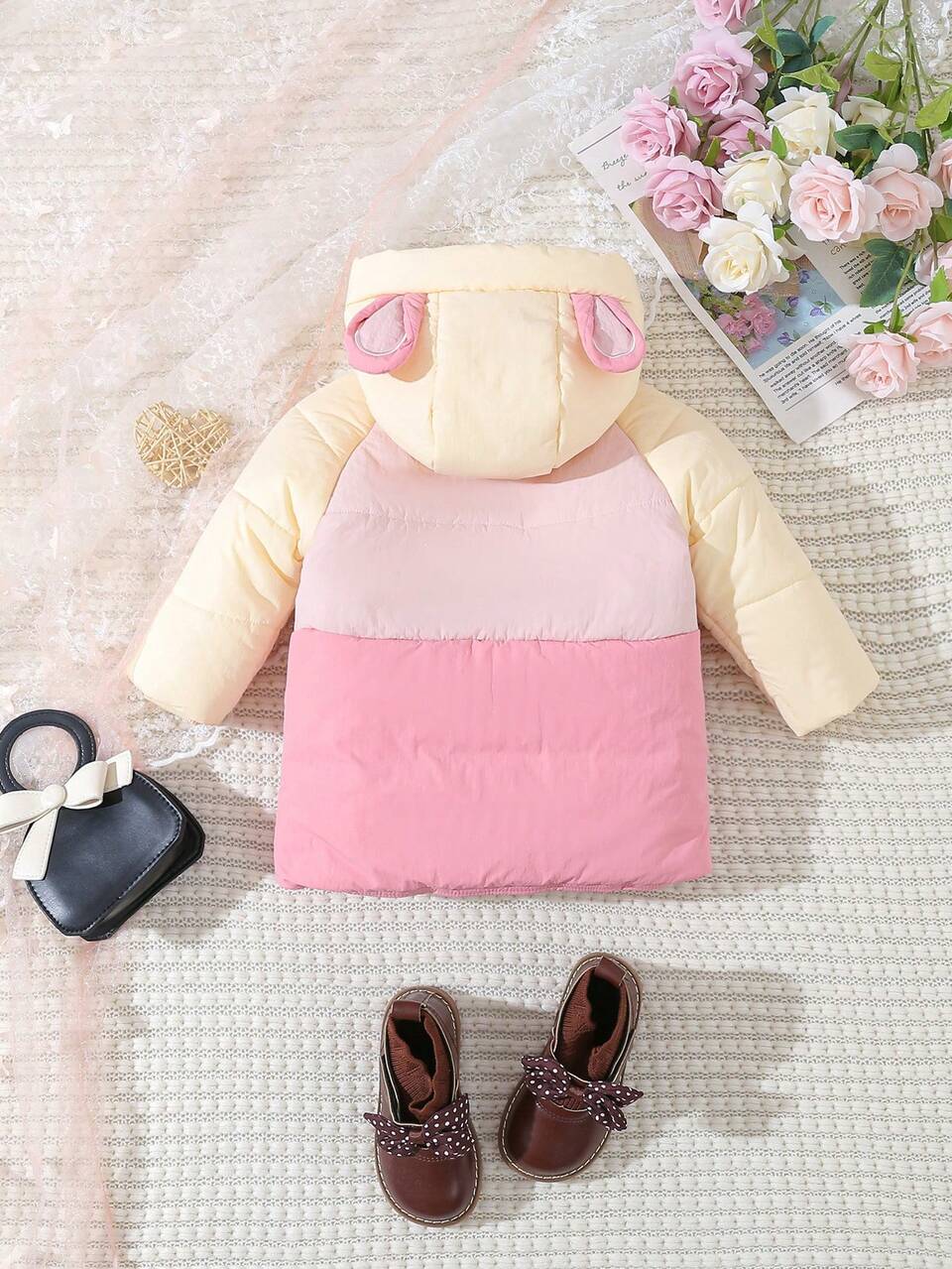Baby Girl Colorblock Raglan Sleeve 3D Ear Design Hooded Padded Coat