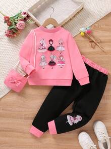 SHEIN Young Girl Figure Graphic Sweatshirt & Sweatpants With Bag - Pink - View 4