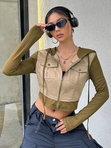 SHEIN Unity 雙色翻蓋口袋抽繩連帽短夾克 - 軍綠色 - 查看 3