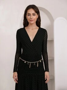 SHEIN Privé 交疊領網紗覆蓋洋裝不附腰帶 - 黑色 - 查看 3